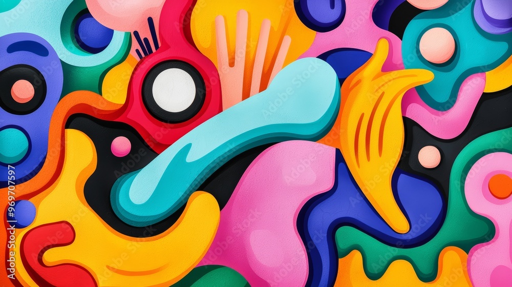 A psychedelic collage with vibrant, swirling colors and funky cartoon characters A psychedelic collage with vibrant, swirling colors and funky cartoon characters