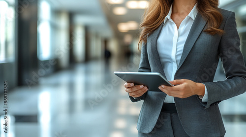 businesswoman with a digital tablet, embodying professionalism and modern success, stands in a bright, modern office, showcasing her expertise and elegance