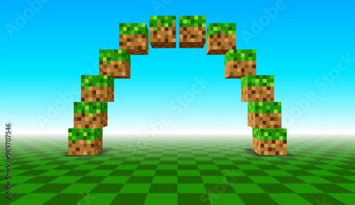 Arch shape made of 3D cubes in retro pixel game style. Voxel cubes with grass and ground, in the shape of a gate