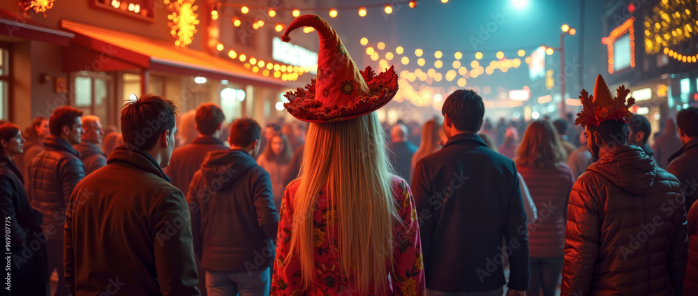A group of people standing in a crowded street at night A group of people standing in a crowded street at night