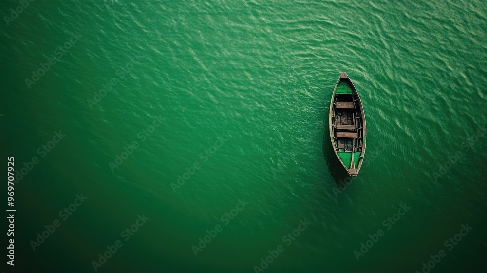 Small wooden boat in calm green water. Small wooden boat in calm green water.