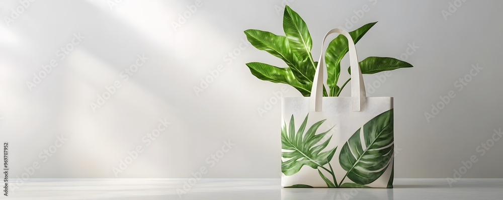 Stylish reusable bag with green foliage design, placed on a minimalist table, perfect for eco-friendly shopping. Stylish reusable bag with green foliage design, placed on a minimalist table, perfect for eco-friendly shopping.