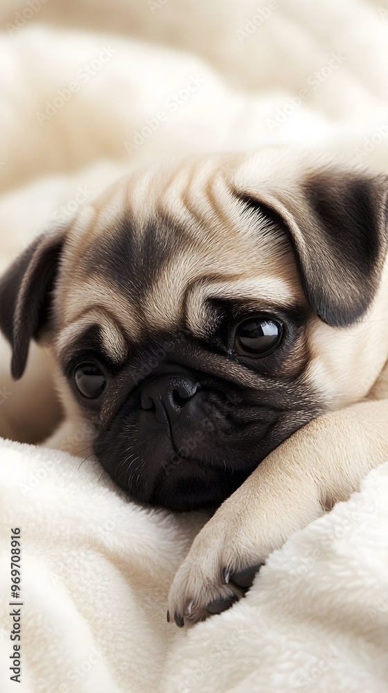 A cute pug puppy with a wrinkled face, resting peacefully on a soft cream-colored backdrop, exuding warmth and charm A cute pug puppy with a wrinkled face, resting peacefully on a soft cream-colored backdrop, exuding warmth and charm