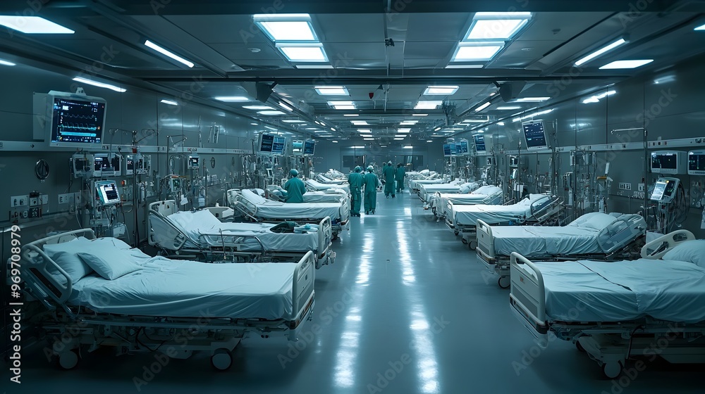 Obraz premium Overhead View of Pristine Hospital Ward with Rows of Medical Beds and Advanced Monitoring Equipment