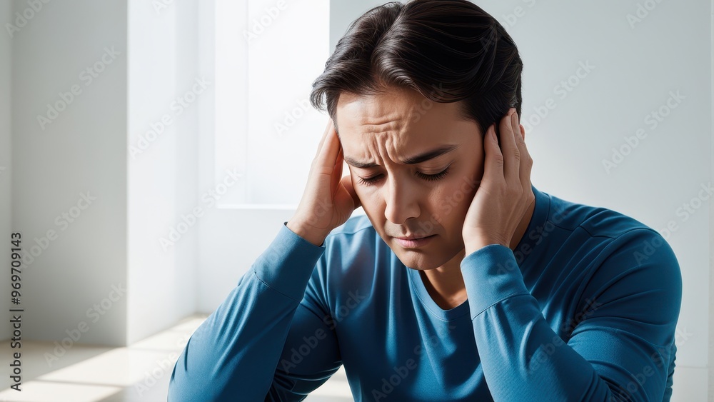 A man with a pained expression holds his head, suggesting stress or discomfort. A man with a pained expression holds his head, suggesting stress or discomfort.