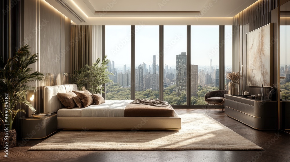 Fototapeta premium Modern bedroom with a city view.