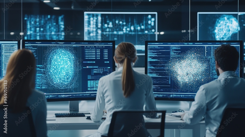 A team of engineers analyzing data patterns on multiple monitors in a high-tech office A team of engineers analyzing data patterns on multiple monitors in a high-tech office