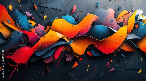 Abstract 3D Artwork with Bold, Colorful Shapes on a Dark Background photo