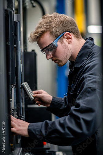 Engineer performing precision calibration checks on high-tech manufacturing equipment, focusing on detailed machinery and industrial technology in a professional factory environment
 photo