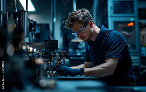 Engineer performing precision calibration checks on high-tech manufacturing equipment, focusing on detailed machinery and industrial technology in a professional factory environment 