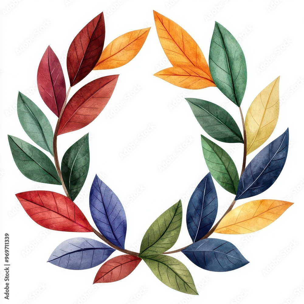 A vibrant wreath made of colorful leaves, perfect for adding a natural touch to any design or decoration project. A vibrant wreath made of colorful leaves, perfect for adding a natural touch to any design or decoration project.