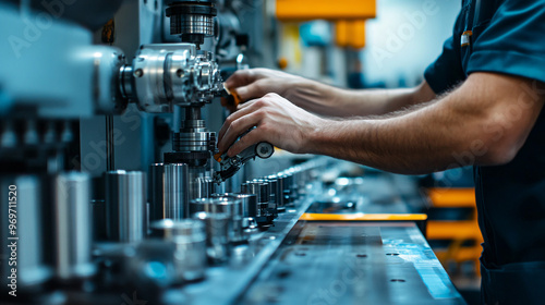 Engineer performing precision calibration checks on high-tech manufacturing equipment, focusing on detailed machinery and industrial technology in a professional factory environment
