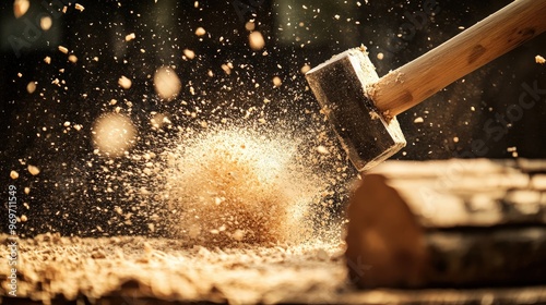 As the wooden mallet strikes the log, fine shavings of sawdust erupt into the air, creating an atmospheric effect in a bright workshop filled with woodwork