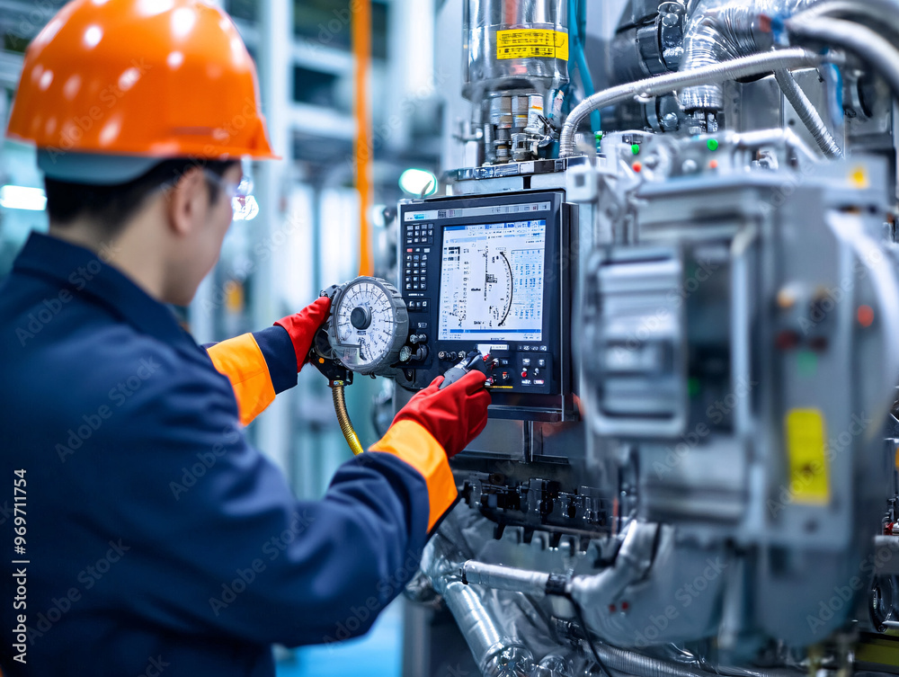 Engineer performing precision calibration checks on high-tech manufacturing equipment, focusing on detailed machinery and industrial technology in a professional factory environment
Engineer performing precision calibration checks on high-tech manufacturing equipment, focusing on detailed machinery and industrial technology in a professional factory environment