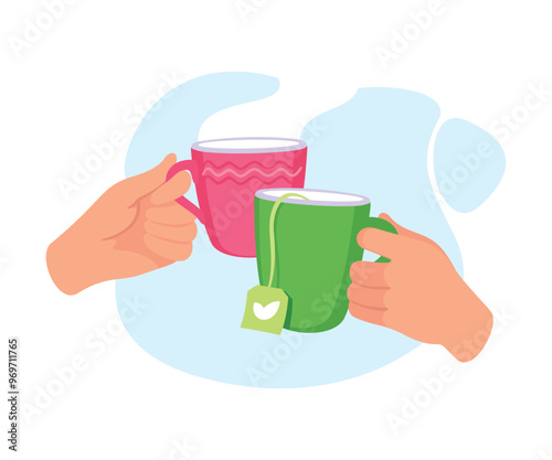 Mug with Tea or Coffee Drink in Hands Clinking Together Vector Illustration