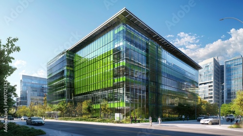 Modern Glass Office Building with Green Accents in an Urban Setting