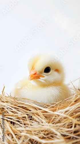 A cute baby chick with downy feathers, peeking out from a nest, against a soft white background for a clean look photo