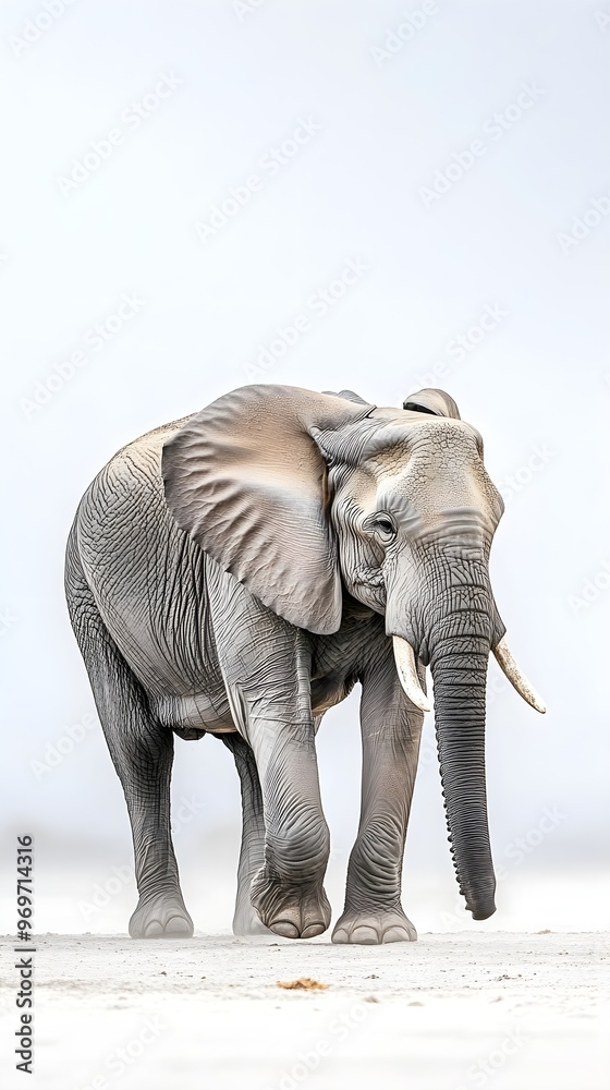 Fototapeta premium An elephant walking through a serene landscape, with a light solid color background that accentuates its massive size and gentle demeanor
