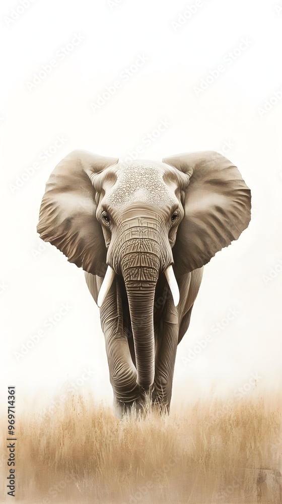 Fototapeta premium An elephant walking through a serene landscape, with a light solid color background that accentuates its massive size and gentle demeanor