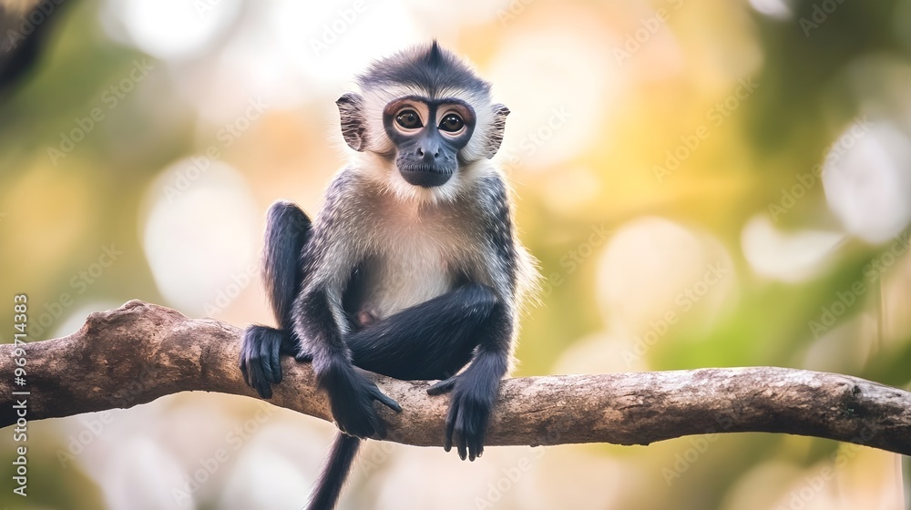 Obraz premium Realistic depiction of a monkey sitting on a tree branch, looking curiously at the camera, with a light solid color background