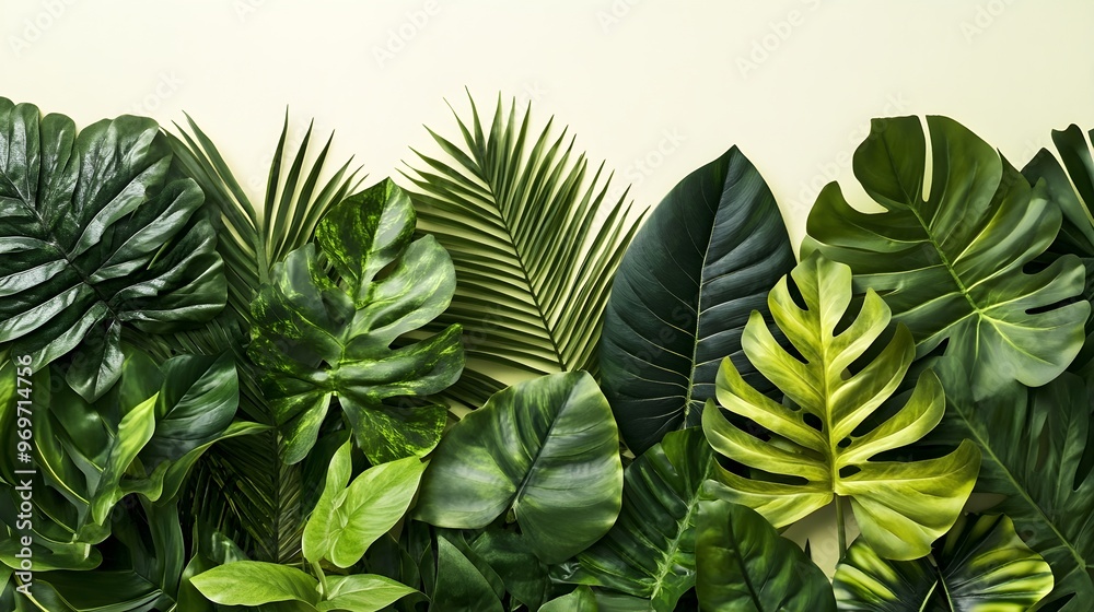 A lush arrangement of tropical leaves, showcasing the vibrant greens and intricate textures against a light solid color background A lush arrangement of tropical leaves, showcasing the vibrant greens and intricate textures against a light solid color background