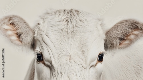 A close-up shot of a cow's face, showcasing its gentle expression and detailed features against a light solid color background photo