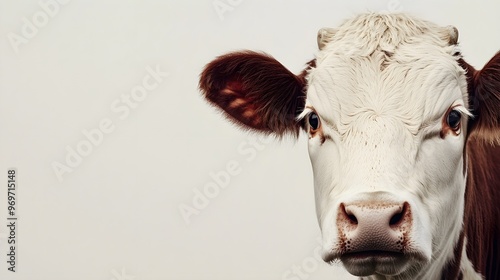 A close-up shot of a cow's face, showcasing its gentle expression and detailed features against a light solid color background photo