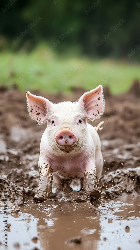 An adorable pig playing in a mud puddle, with splashes of mud and a light pastel background to enhance the playful mood An adorable pig playing in a mud puddle, with splashes of mud and a light pastel background to enhance the playful mood