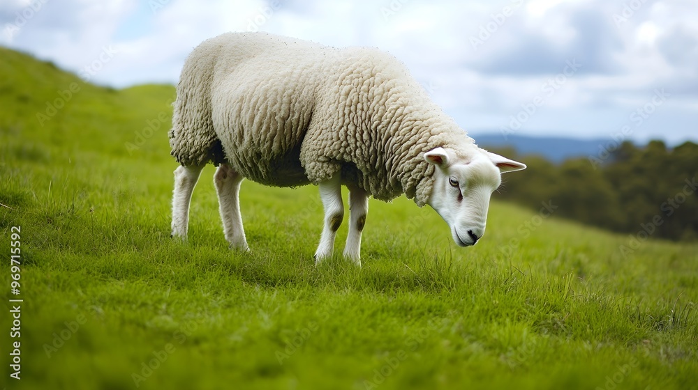 A fluffy white sheep grazing peacefully on a lush green meadow, with a light blue sky in the background A fluffy white sheep grazing peacefully on a lush green meadow, with a light blue sky in the background