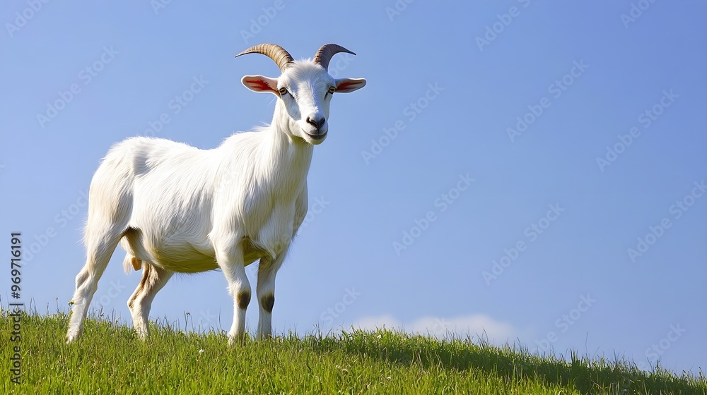 Obraz premium A serene goat standing on a grassy hill, with a clear blue sky in the background