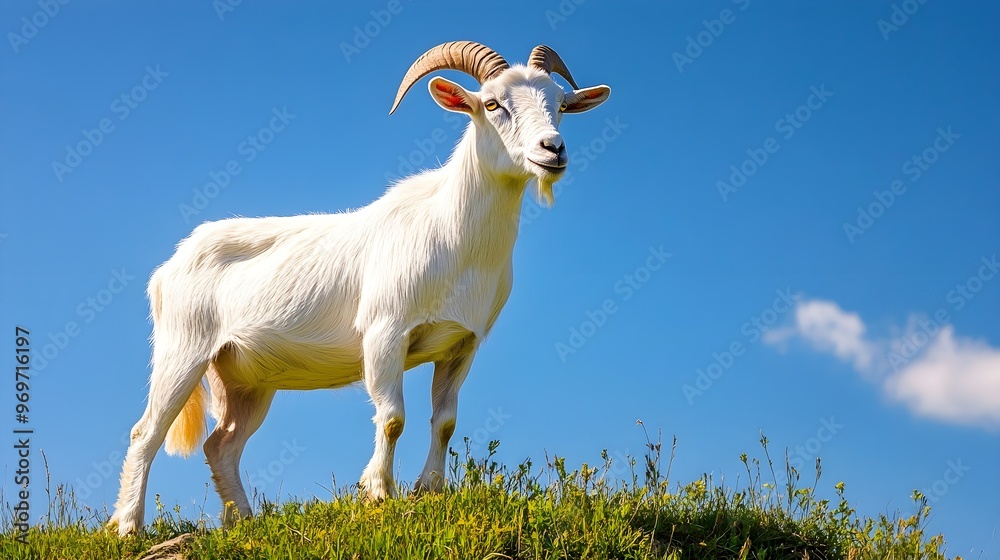 Obraz premium A serene goat standing on a grassy hill, with a clear blue sky in the background