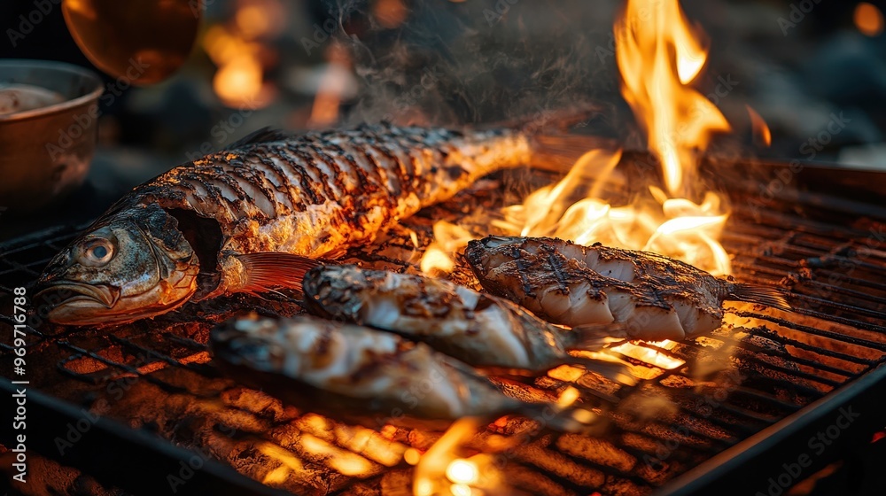 Fototapeta premium Succulent fish and assorted seafood sizzle over an open grill, surrounded by glowing embers, while the sun sets in the background, creating a vibrant atmosphere