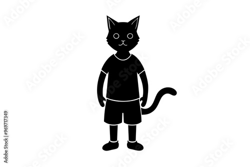 Cat wears t shirt and half pant in the shape of human being mascot vector, silhouette black color 