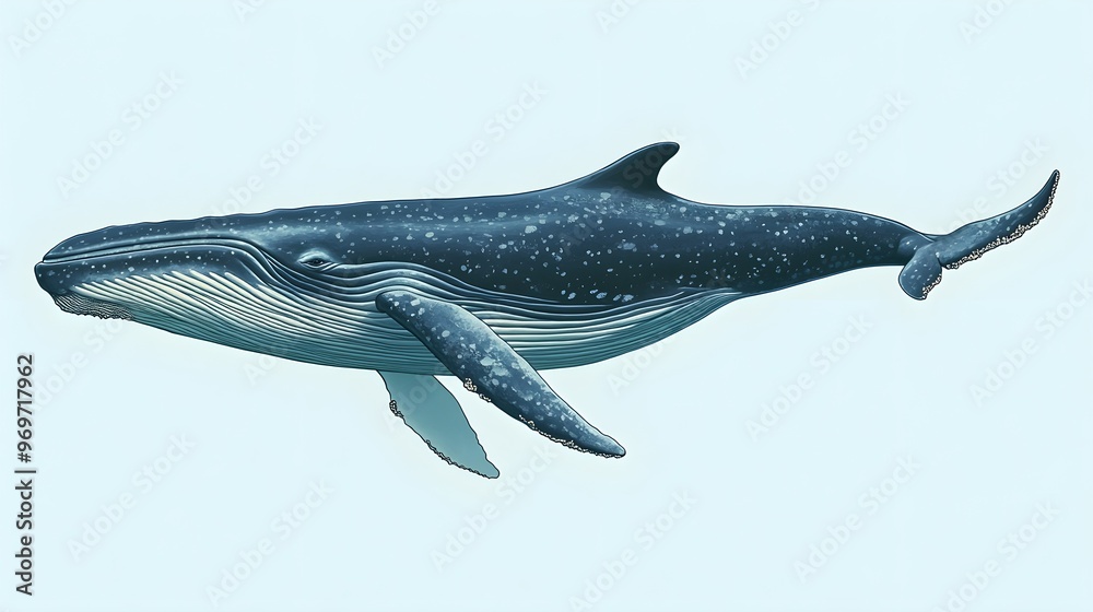 Naklejka premium A majestic whale swimming gracefully through crystal-clear waters, showcasing its massive body and distinctive features against a light solid color background