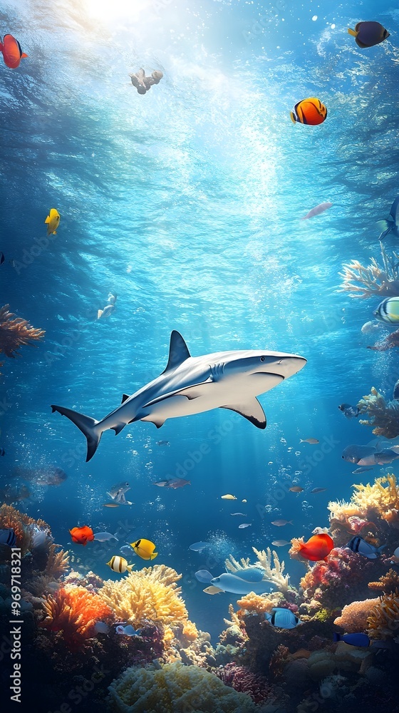 Fototapeta premium A dynamic underwater scene featuring a shark swimming gracefully, surrounded by schools of fish, with ample copy space for text