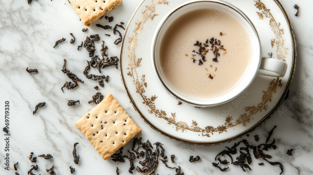 A cup of milk tea and a crunchy rusk, served with fresh and dried tea leaves. The scene is laid out on a white marble surface. A cup of milk tea and a crunchy rusk, served with fresh and dried tea leaves. The scene is laid out on a white marble surface.