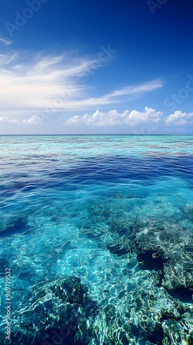 A panoramic view of a serene reef barrier, with crystal clear water and a bright blue sky in the distance