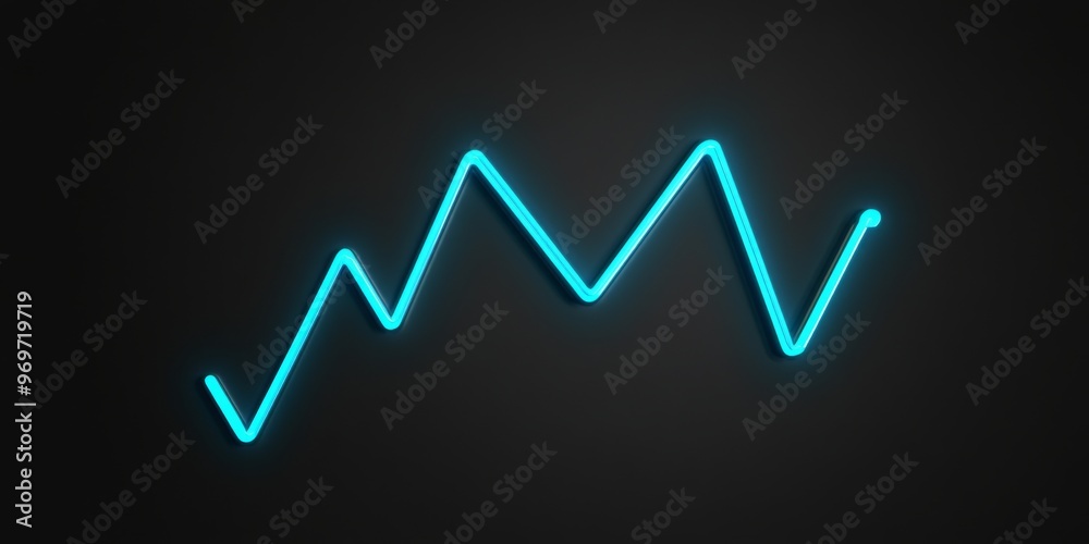 Simple Line Graph with Fluctuating Up and Down Trend, Featuring Glowing Blue Outline on Grey Background. Simple Line Graph with Fluctuating Up and Down Trend, Featuring Glowing Blue Outline on Grey Background.