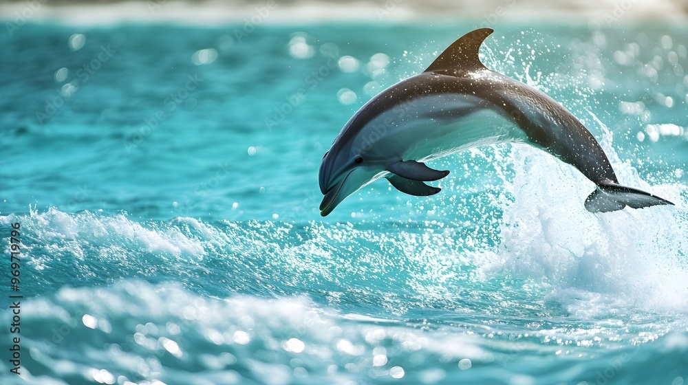 Obraz premium A playful dolphin leaping out of crystal-clear turquoise waters, with sunlit waves splashing around it, showcasing its grace and agility