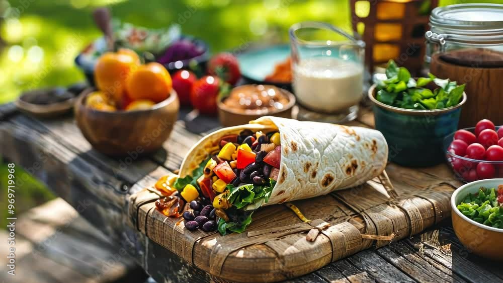 A vibrant outdoor picnic scene featuring a colorful taco filled with fresh vegetables and surrounded by various side dishes