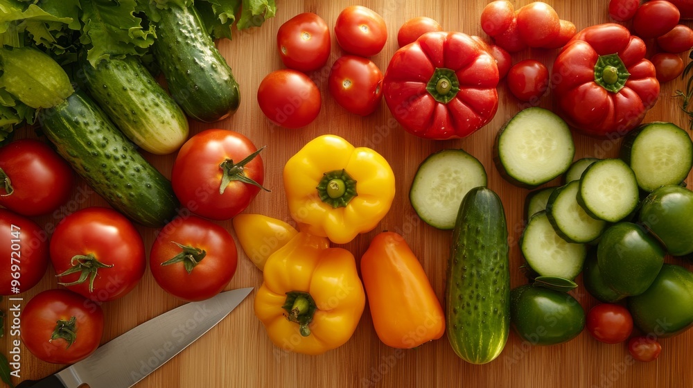 A vibrant assortment of fresh vegetables lies on a wooden cutting board, featuring tomatoes, cucumbers, and bell peppers, ready for a healthy meal or salad A vibrant assortment of fresh vegetables lies on a wooden cutting board, featuring tomatoes, cucumbers, and bell peppers, ready for a healthy meal or salad