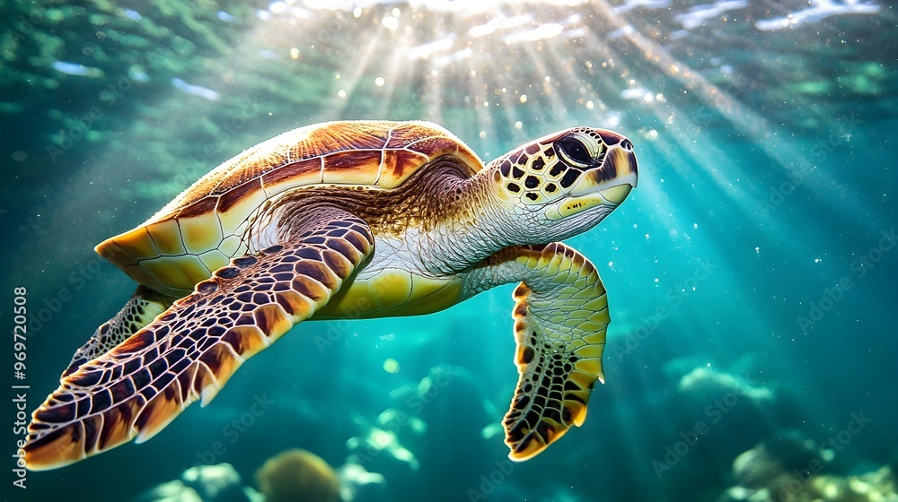 Fototapeta premium A close-up shot of a turtle swimming gracefully underwater, with sunlight filtering through the water and illuminating its vibrant colors