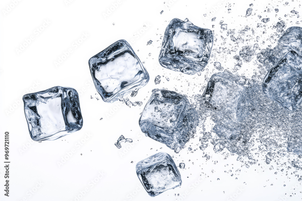 Obraz premium Flying Ice Cubes Suspended in Mid-Air on a White Background