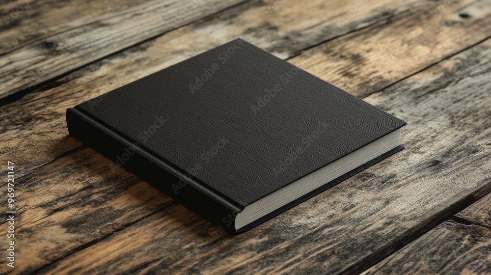 Blank black book cover on wooden table in minimalist style offering ample copy space for design Blank black book cover on wooden table in minimalist style offering ample copy space for design