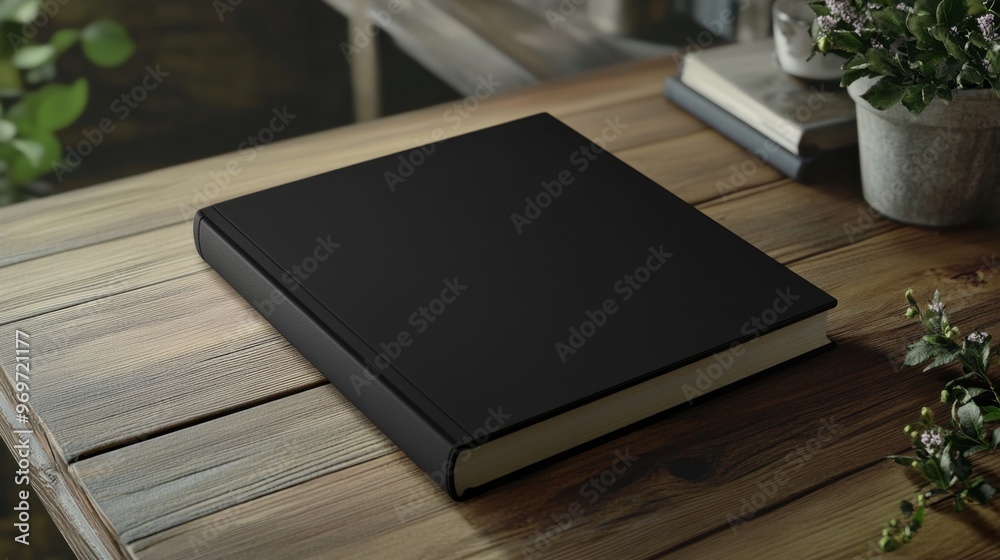 Fototapeta premium A blank black book cover resting on a wooden table with natural elements surrounding it