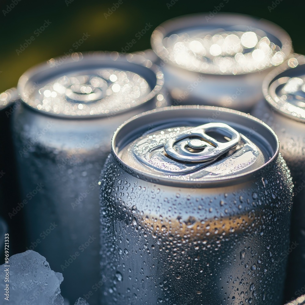 Chilled aluminum cans resting on ice in a sunny outdoor setting Chilled aluminum cans resting on ice in a sunny outdoor setting