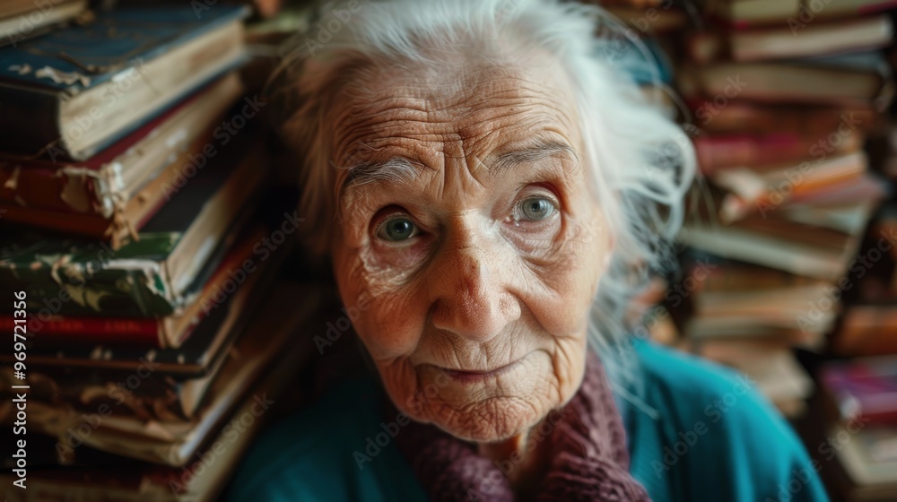 Portrait of a Wise Elderly Woman with White Hair Against Vintage Books - Symbol of History and Wisdom Portrait of a Wise Elderly Woman with White Hair Against Vintage Books - Symbol of History and Wisdom