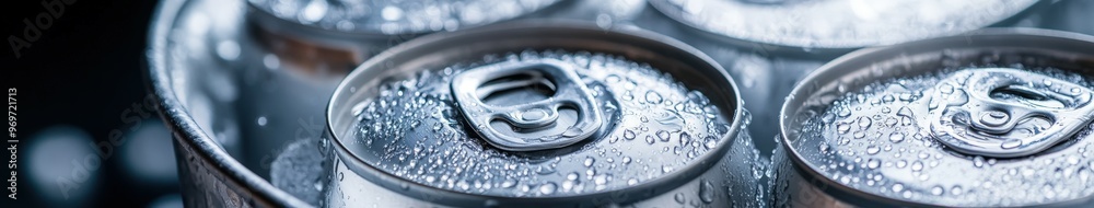 Chilled beverage cans with droplets in a bright setting Chilled beverage cans with droplets in a bright setting