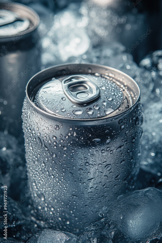 Chilled beverage can surrounded by ice with condensation showing freshness Chilled beverage can surrounded by ice with condensation showing freshness