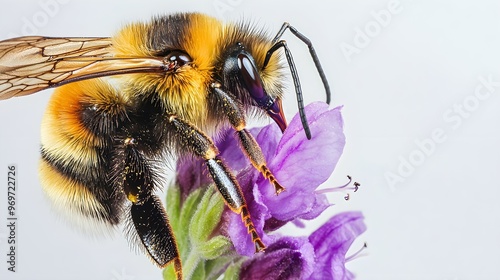 A close-up of a bee collecting nectar from a vibrant flower, with intricate details of its wings and fuzzy body against a light solid color background